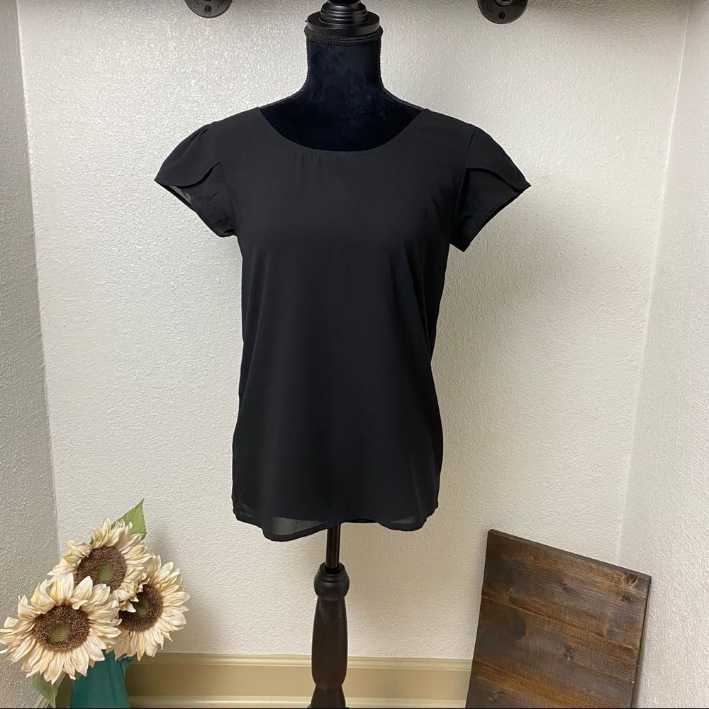 Sheer Relaxed Fit Black Cap Sleeve Blouse